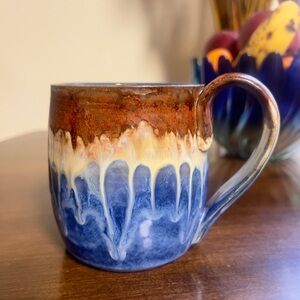 Handmade Ceramic Drip Glaze Coffee Mug 15oz - Blue & Brown Signed 2023